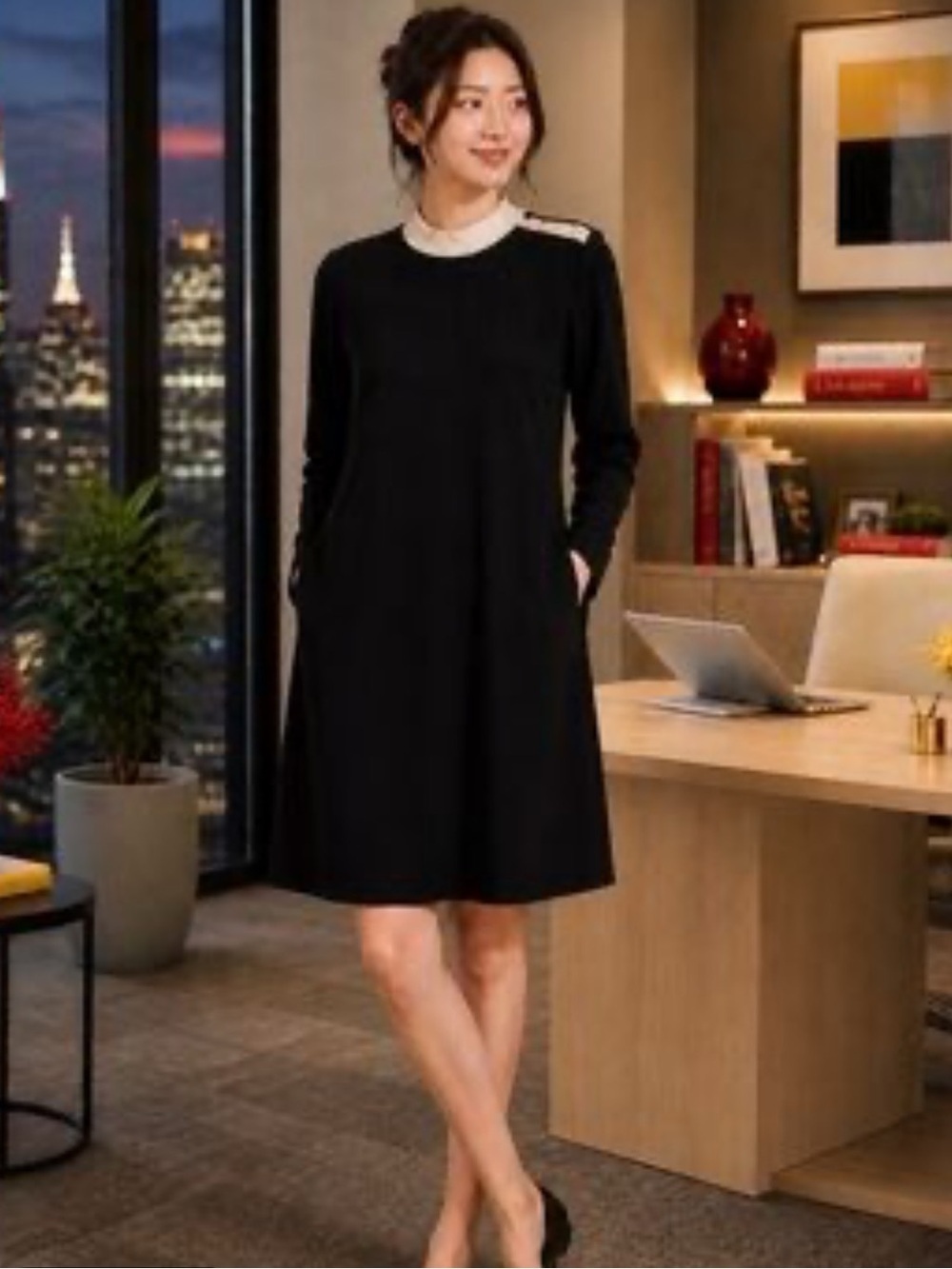 Black Long-Sleeve Midi Dress with Cream Contrast Collar